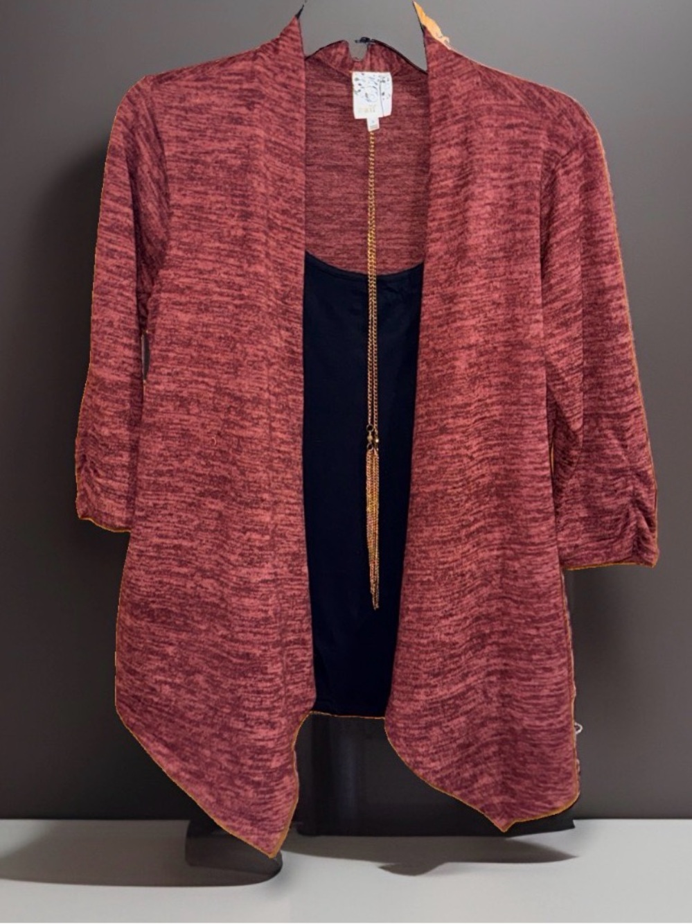 NAIF 2 in 1 Marled Rust Open-Front Cardigan w/Blouse & Necklace